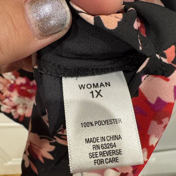 Roz & Ali Black with Pink, Red, and Purple Floral 3/4 Length Bell Sleeves EUC - Picture 5 of 6